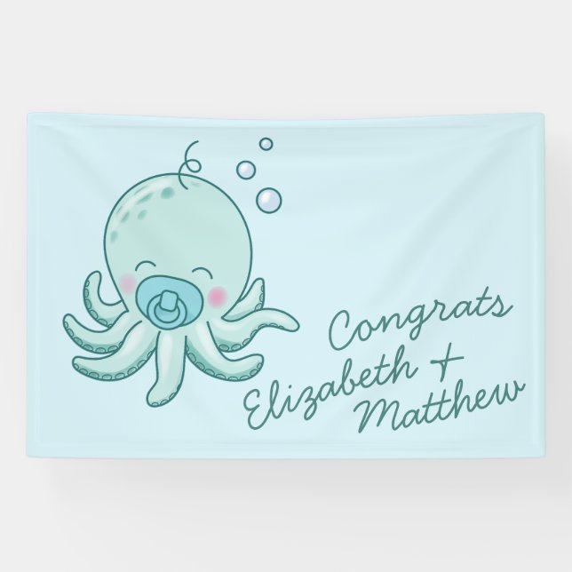 Banderoles Cute Baby shower Octopus Kawaii Blue Boy (Horizontal)
