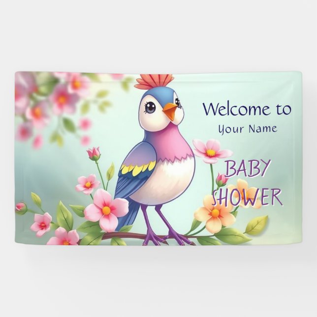 Banderoles Cute Blue Pink Bird Floral Baby Shower Banner (Horizontal)