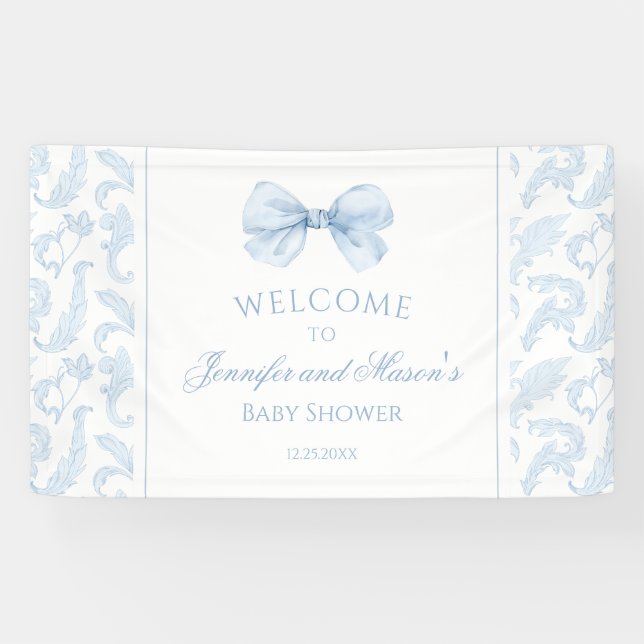 Banderoles Cute Blue Toile Bow Baby Boy Shower Welcome Banner (Horizontal)