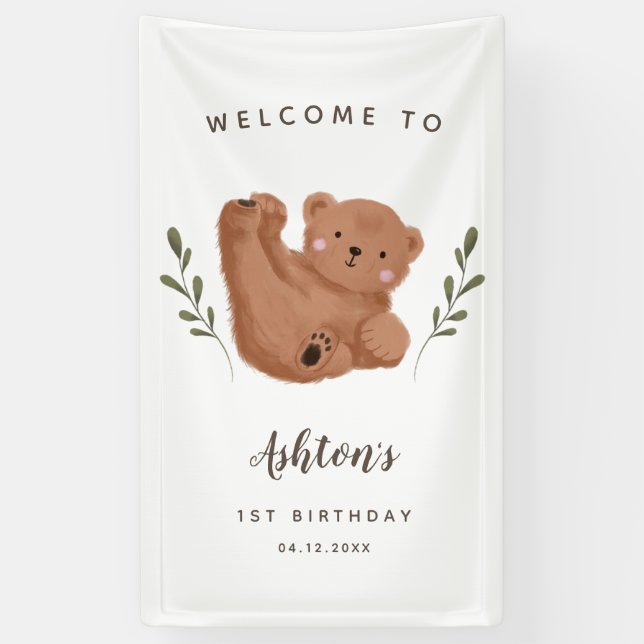 Banderoles Cute Cub Bear Boy Anniversaire Bienvenue (Vertical)
