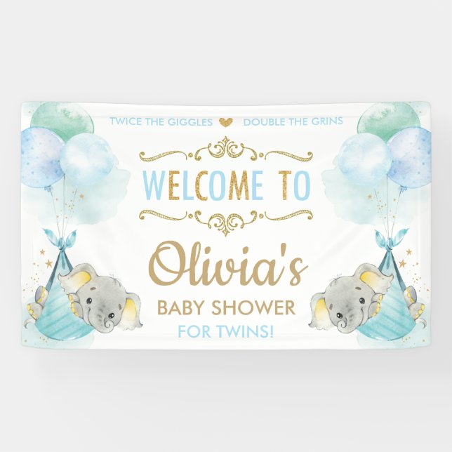 Banderoles Cute Elephant Twins Boys Baby shower arrière-plan (Horizontal)