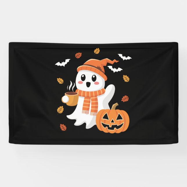 Banderoles Cute Ghost Boire Café de glace Halloween (Horizontal)