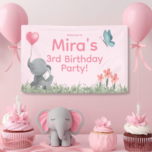 Banderoles Cute Girly and Pink Elephant Birthday Party  (Créateur téléchargé)