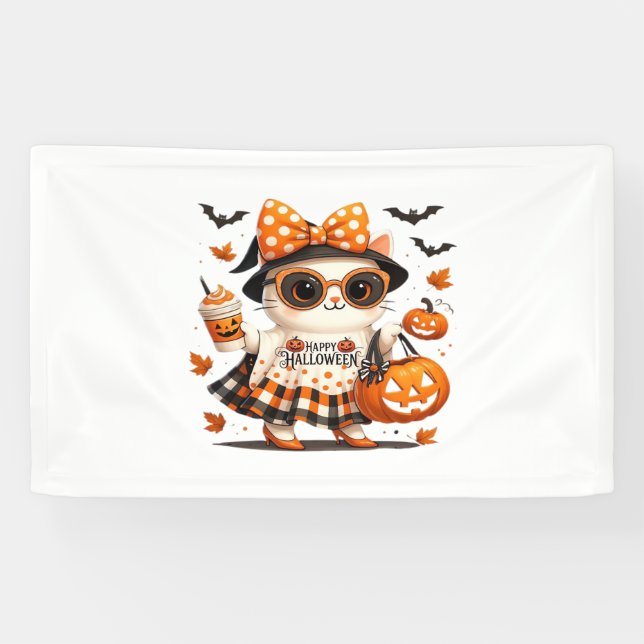 Banderoles Cute Halloween Chat - Kawaii Witch Kitty avec Pump (Horizontal)