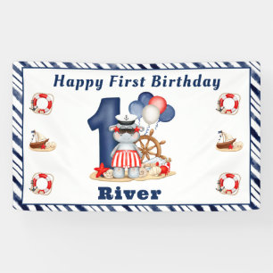 Banderoles Cute Hippo Nautique 1er Anniversaire Boy Banner