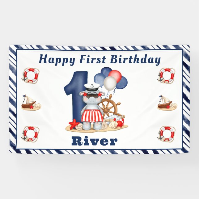 Banderoles Cute Hippo Nautique 1er Anniversaire Boy Banner (Horizontal)