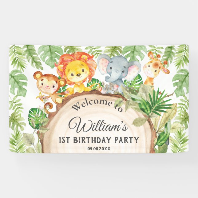 Banderoles Cute Jungle Animaux 1er Anniversaire Bienvenue Con (Horizontal)