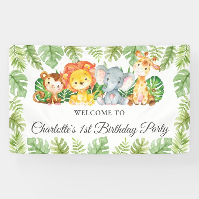 Banderoles Cute Jungle Animaux 1er Anniversaire Bienvenue Con (Horizontal)