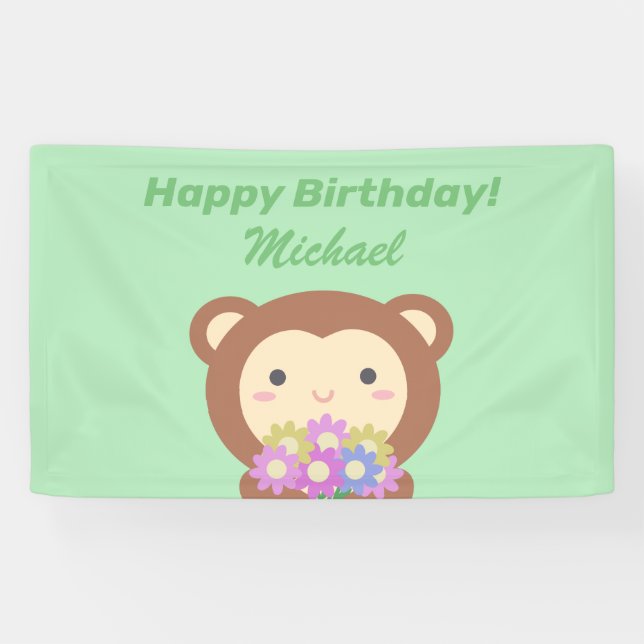 Banderoles Cute Kawaii Singe et Fleurs Joyeux anniversaire (Horizontal)