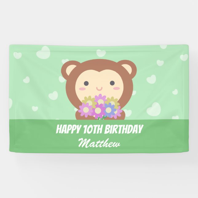Banderoles Cute Kawaii Singe et Fleurs Joyeux anniversaire (Horizontal)