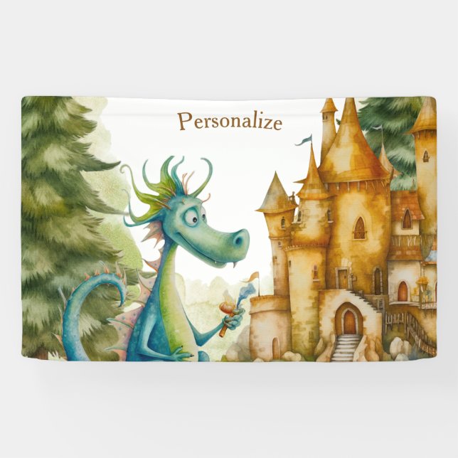 Banderoles Cute Knight Dragon Castle Anniversaire Fête Enfant (Horizontal)