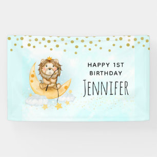 Banderoles Cute Lion Pêche sur la Lune Aquarelle Anniversaire