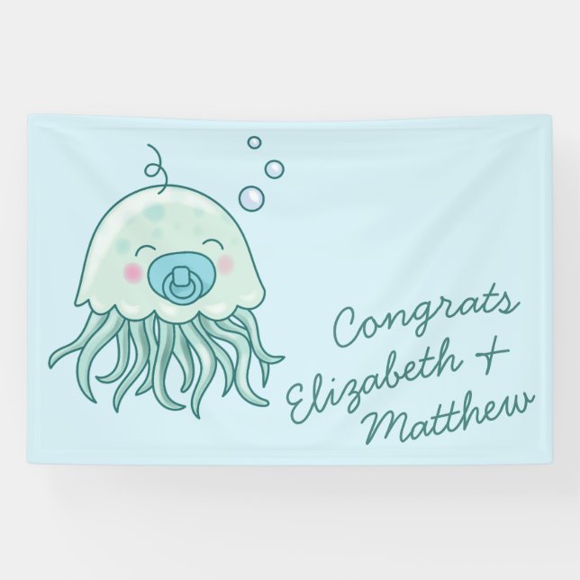 Banderoles Cute méduse Baby shower Kawaii Blue Boy (Horizontal)