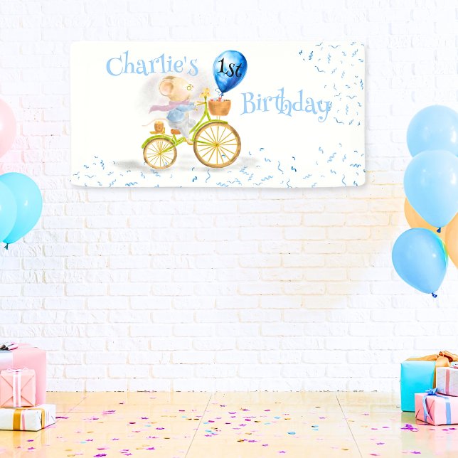 Banderoles Cute Mouse Animal Boy 1er anniversaire fête Bienve (Cute Mouse Animal Riding Vintage Bicycle & 1st Birthday Party Balloon, party Banner Welcome Sign)