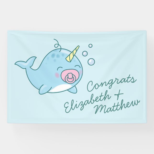 Banderoles Cute Narwhal Baby shower Kawaii Rose Girl (Horizontal)