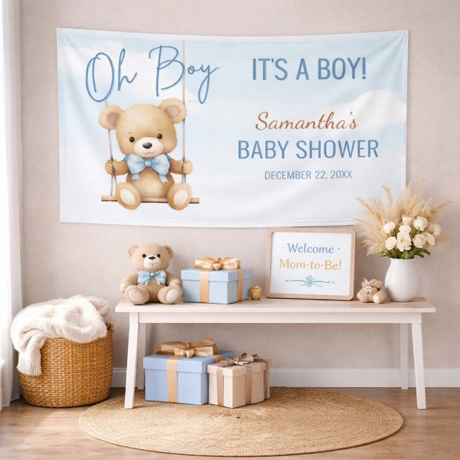 Banderoles Cute Oh Boy C'est un Baby shower d'ours garçon fon (Teddy bear baby shower backdrop styled in a cozy Oh Boy themed celebration setup)