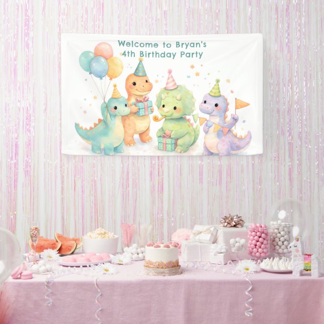 Banderoles Cute Pastel Watercolor Dinosaurs Birthday (Fête)