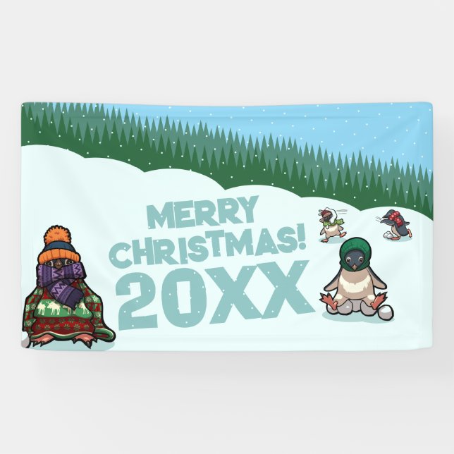Banderoles Cute Penguins Add The Year Merry Christmas! Winter (Horizontal)