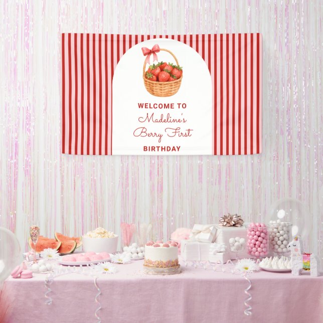 Banderoles Cute Preppy Striped Berry First Birthday Welcome (Fête)