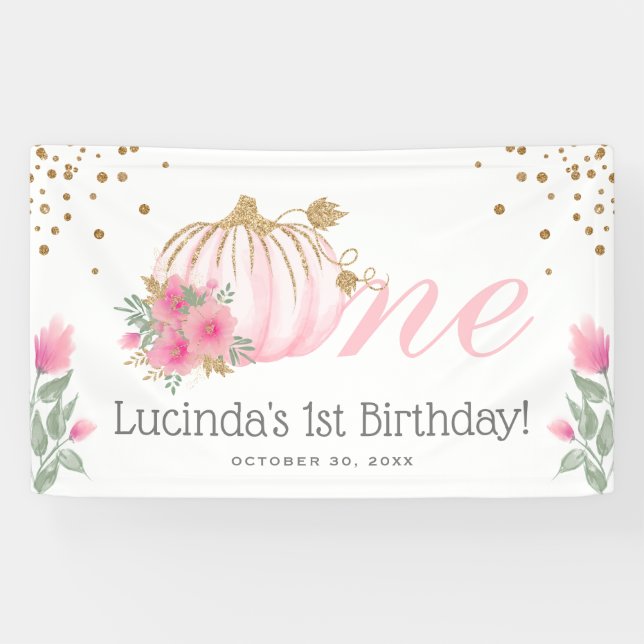Banderoles Cute rose Citrouille Floral & Or 1er anniversaire  (Horizontal)