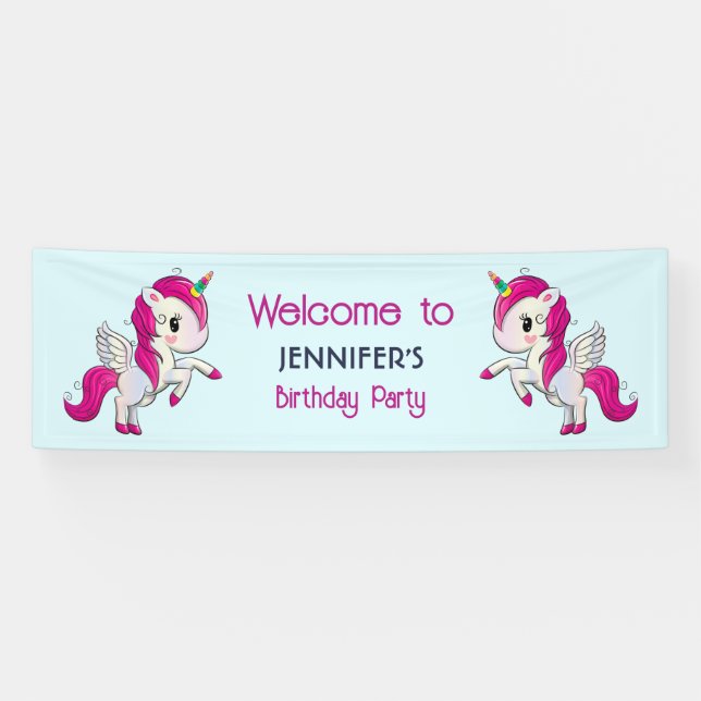 Banderoles Cute rose Unicorne avec ailes Anniversaire (Horizontal)