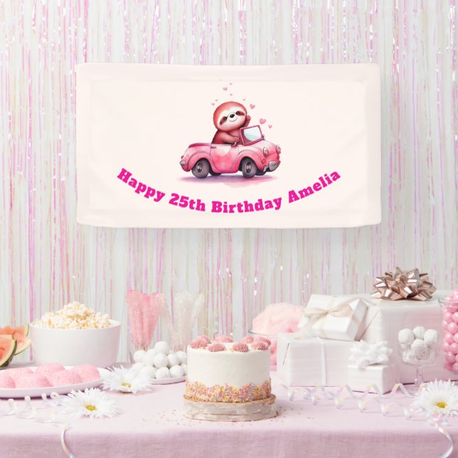 Banderoles Cute Sloth Driving a Pink Convertible Birthday (Fête)