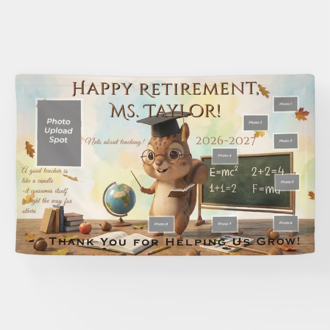 Banderoles Cute Squirrel Teacher Retirement Photo Banner 2026 (Horizontal)