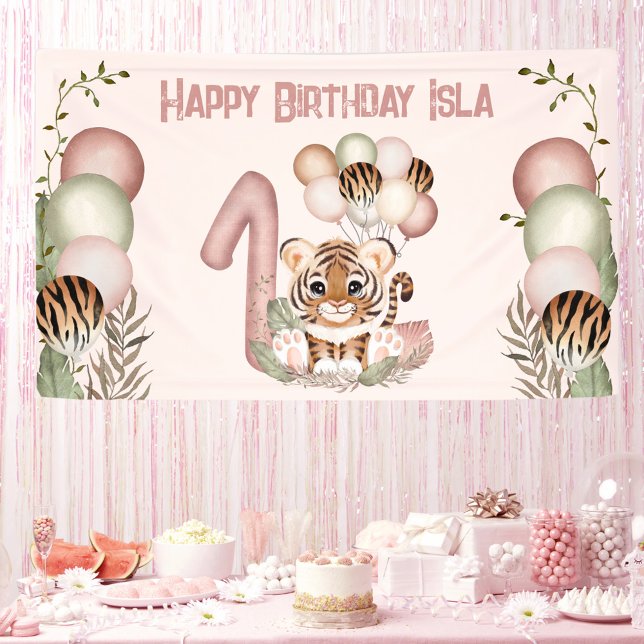 Banderoles Cute Tiger Rose Girl Safari 1er Anniversaire Banni (1st Birthday girl party banner with a cute baby tiger)