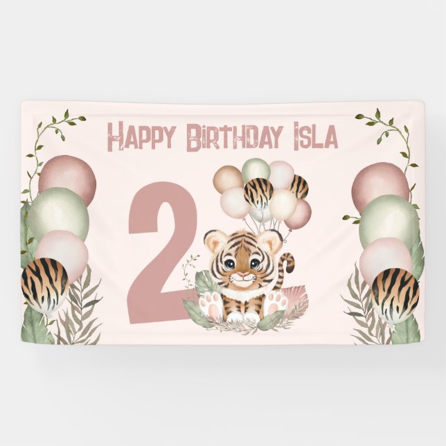 Banderoles Cute Tiger Rose Girl Safari 2e Anniversaire Banniè (Horizontal)