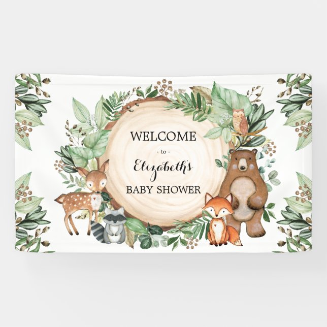 Banderoles Cute Woodland Green Animaux Baby shower Bienvenue (Horizontal)