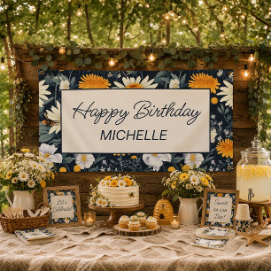 Banderoles Dandelions Marguerites Bleu Nuit Joyeux Anniversai