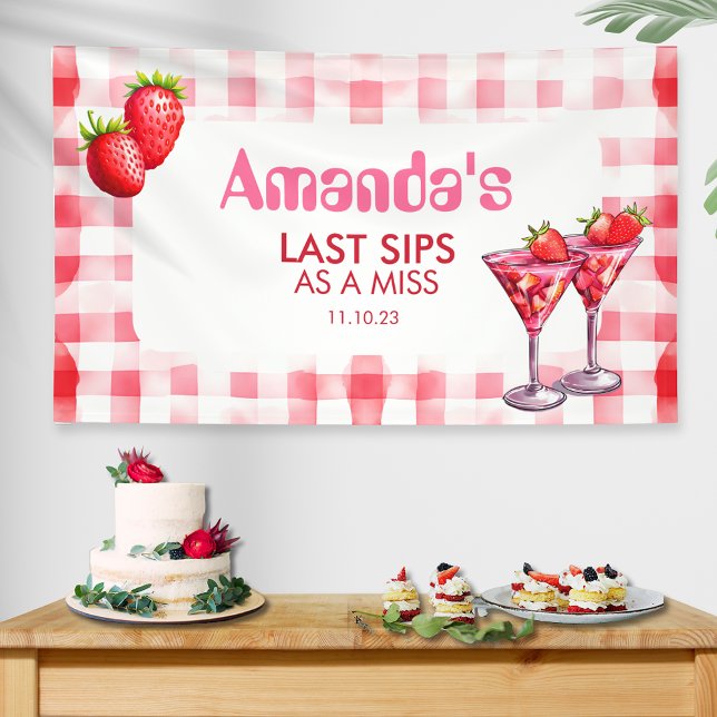 Banderoles Dernières fraises comme Miss Bachelorette En vichy (Strawberry Bachelorette Hen Party Banner backdrop pink red gingham cocktail last sips miss retro fun)