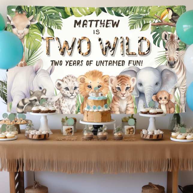 Banderoles Deux animaux sauvages de la jungle 2e anniversaire (Two Wild, boy 2nd birthday banner)