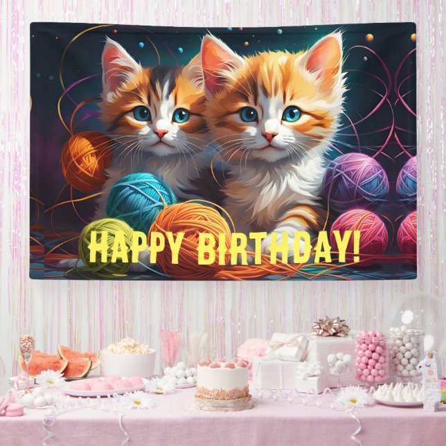 Banderoles Deux chatons mignons avec des boules de fils Anniv (Fête)