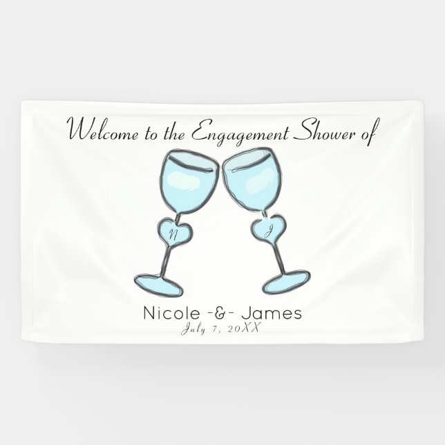 Banderoles Deux Lunettes de vin de coeur Fiançailles de Fête  (Horizontal)