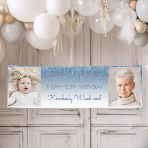 Banderoles Deux Photo Bleu Paillettes qui Coulent 50e Anniver