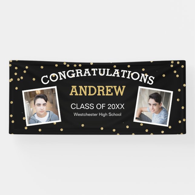 Banderoles Deux Photo Confetti Black Graduation (Horizontal)