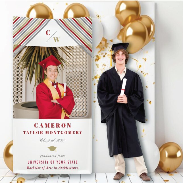 Banderoles Diagonale rouge or moderne Grilles photo Graduatio (Modern Classic Gold & Red Diagonal Stripes Photo Graduation Banner @ zazzle.com/color_therapy)