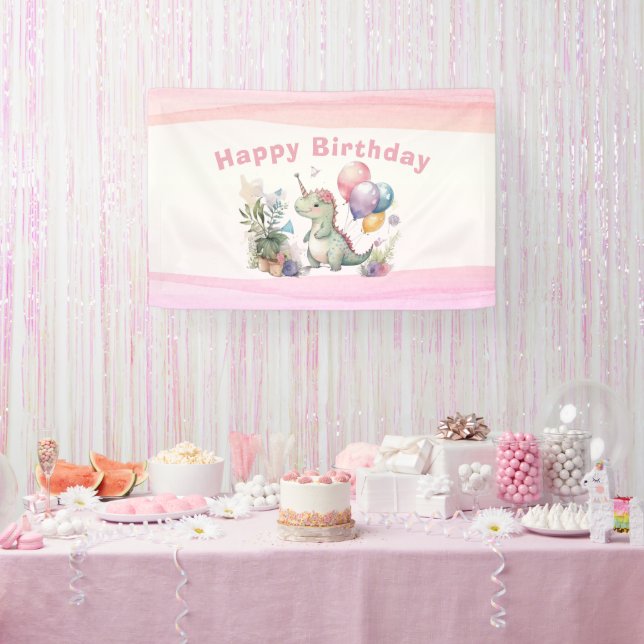 Banderoles Dino Party Watercolor Girl rose Anniversaire (Fête)