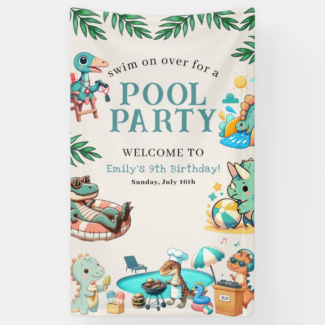 Banderoles Dino Pool Party Anniversaire Invitation (Vertical)