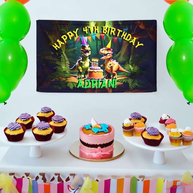 Banderoles Dino quatre dinosaures heureux modèle d'anniversai (Dino four dinosaur happy birthday template banner cute party dinosaurs birthday banner personalized )