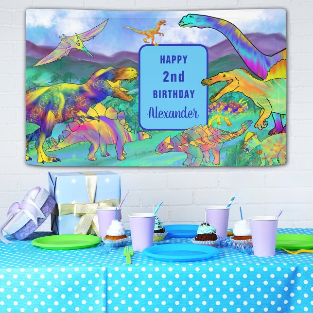 Banderoles Dinosaur coloré 2ème anniversaire Personnalisé (Colorful dinosaur 2nd birthday party banner T-Rex brontosaurus stegosaurus pterodactyl velociraptor )