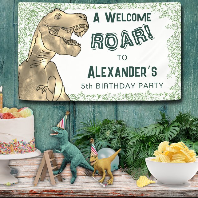 Banderoles Dinosaur Jungle 5e fête d'anniversaire Bienvenue (A Hapy Birthday T-Rex Roar Dinosaur jungle custom 5th birthday party banner)