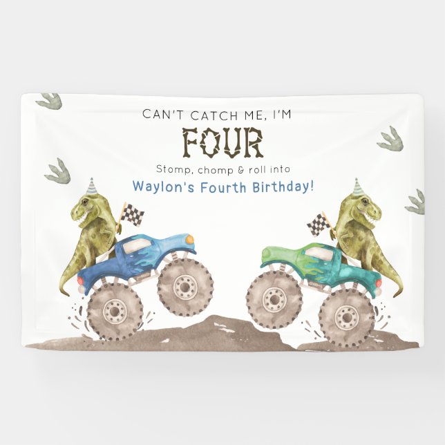 Banderoles Dinosaur & Monster Truck 4th Birthday Vinyl Banner (Horizontal)