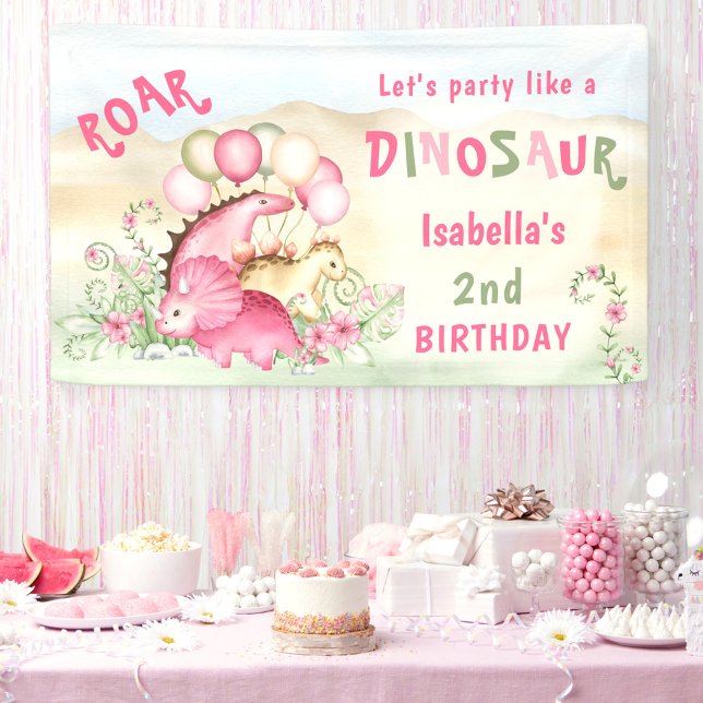 Banderoles Dinosaur Pink Pastel Cute Floral Girl Anniversaire (Dinosaur Pink Pastel Cute Floral Girl Birthday Banner)