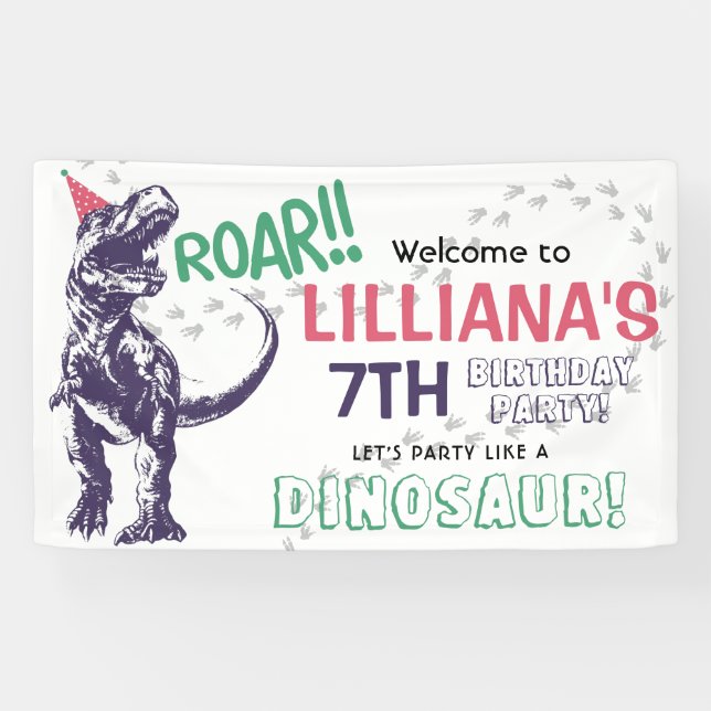 Banderoles Dinosaur T-Rex Filles Anniversaire Bienvenue (Horizontal)