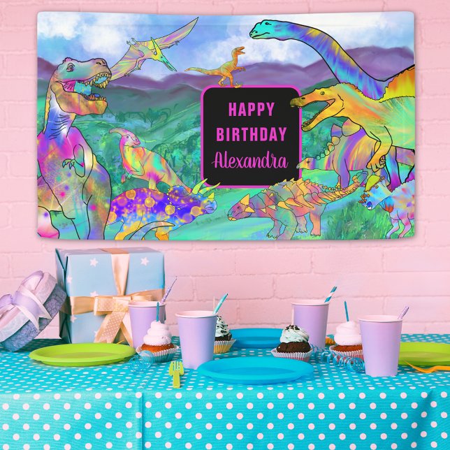 Banderoles Dinosaure coloré aquarelle Filles anniversaire (girls dinosaur add name birthday party banner colorful T-Rex stegosaurus brontosaurus pterodactyl)