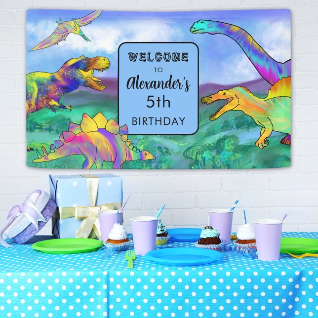 Banderoles Dinosaure coloré fête d'anniversaire Personnalisé (Colorful dinosaur 5th birthday party personalized banner T-Rex stegosaurus spinosaurus brontosaurus )