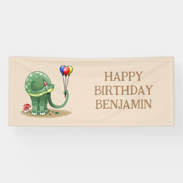 Banderoles Dinosaure tenant Ballons Anniversaire (Horizontal)