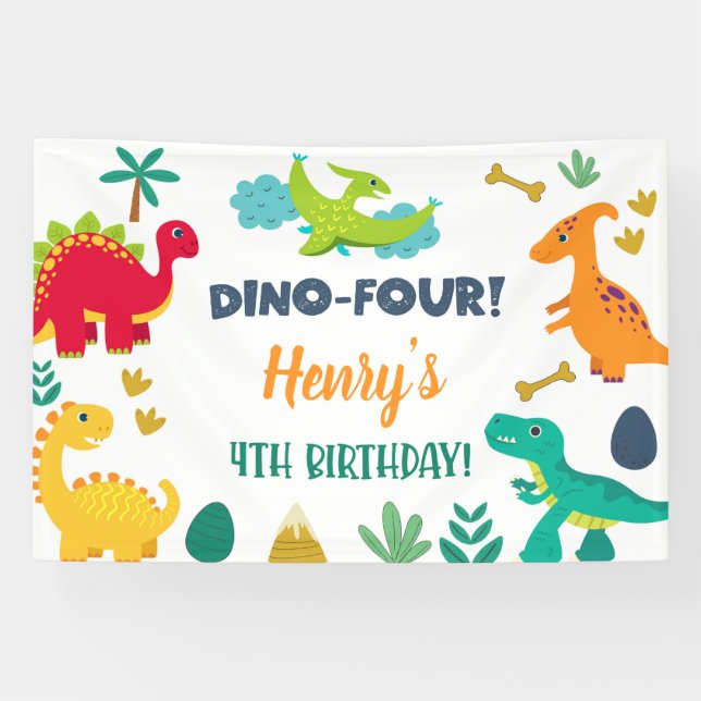 Banderoles Dinosaures dino-quatre anniversaire bannière/toile (Horizontal)
